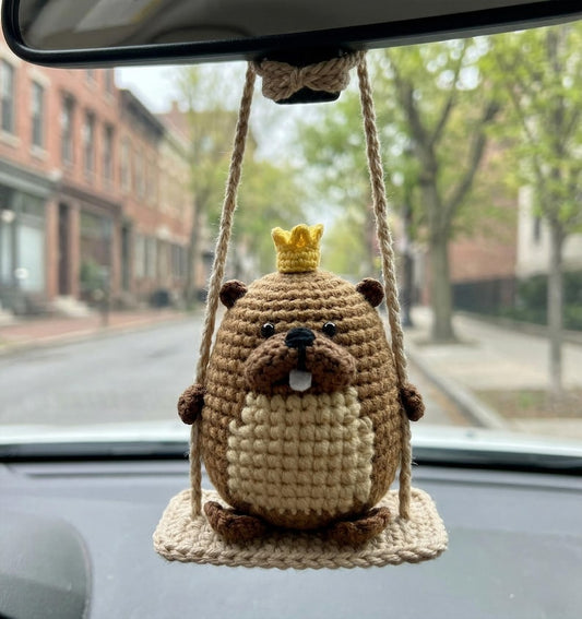 Crochet King Beaver Car Hanging - Beaver Amigurumi Keychain, Funny Plushie Keychain Gift, Car Accessory