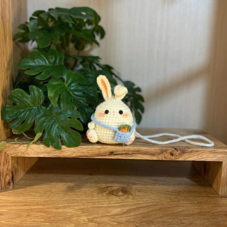 Crochet Bunny Car Hanging – Cute Rabbit Amigurumi with Carrot, Handmade Plush Ornament, Mirror Charm Car Decor, Gift for Her