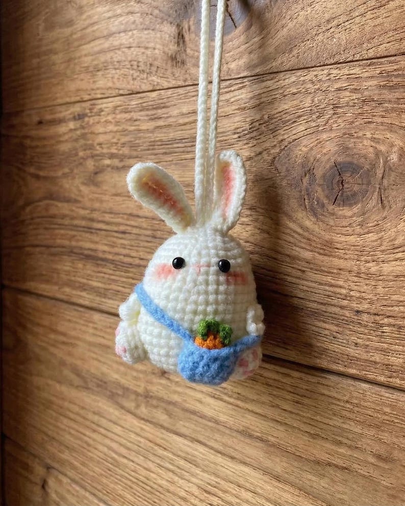 Crochet Bunny Car Hanging – Cute Rabbit Amigurumi with Carrot, Handmade Plush Ornament, Mirror Charm Car Decor, Gift for Her
