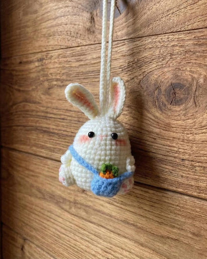 Crochet Bunny Car Hanging – Cute Rabbit Amigurumi with Carrot, Handmade Plush Ornament, Mirror Charm Car Decor, Gift for Her