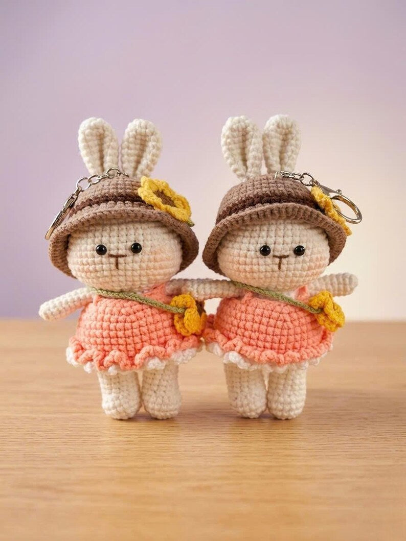 Cute Sunflower Bunny Crochet Doll Keychain - Amigurumi Rabbit Bag Accessory - Handmade Small Stuffed Animal - Unique Gift for Bunny Lovers