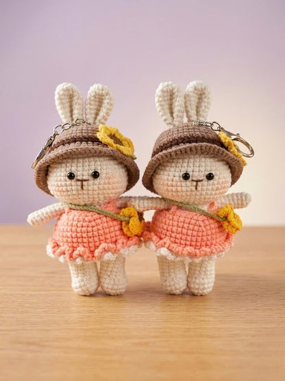 Cute Sunflower Bunny Crochet Doll Keychain - Amigurumi Rabbit Bag Accessory - Handmade Small Stuffed Animal - Unique Gift for Bunny Lovers