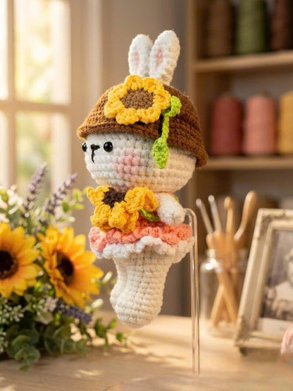 Cute Sunflower Bunny Crochet Doll Keychain - Amigurumi Rabbit Bag Accessory - Handmade Small Stuffed Animal - Unique Gift for Bunny Lovers