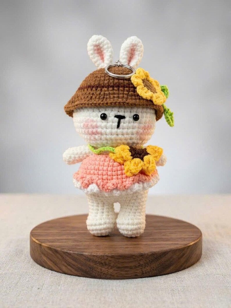 Cute Sunflower Bunny Crochet Doll Keychain - Amigurumi Rabbit Bag Accessory - Handmade Small Stuffed Animal - Unique Gift for Bunny Lovers