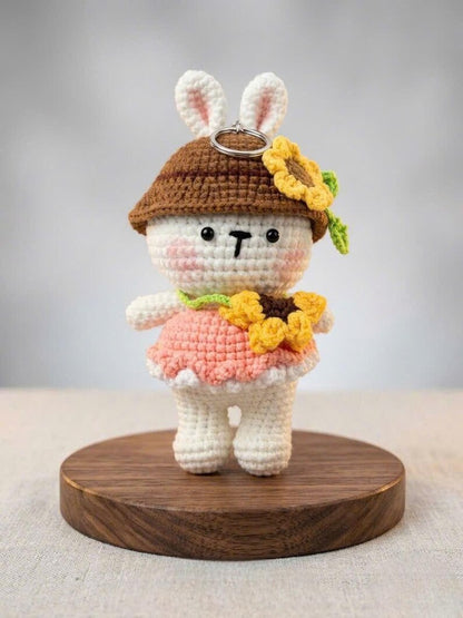 Cute Sunflower Bunny Crochet Doll Keychain - Amigurumi Rabbit Bag Accessory - Handmade Small Stuffed Animal - Unique Gift for Bunny Lovers