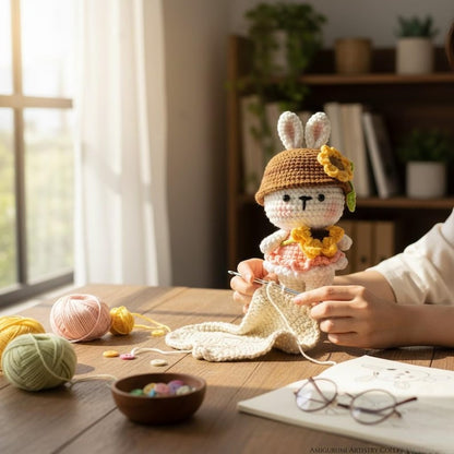 Cute Sunflower Bunny Crochet Doll Keychain - Amigurumi Rabbit Bag Accessory - Handmade Small Stuffed Animal - Unique Gift for Bunny Lovers