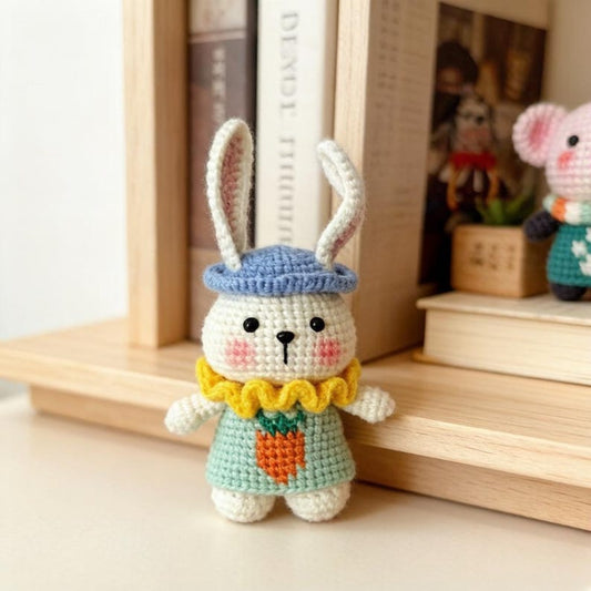 Artisan knit hare sculpted pieces, handcrafted tabletop ornamental trinkets, hobbyist display statues, Yuletide room embellishments