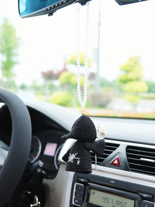 Crochet Grim Reaper Car Mirror Hanging, Amigurumi Scythe Ghost Plush Figurine, Spooky Halloween Rearmirror Ornament