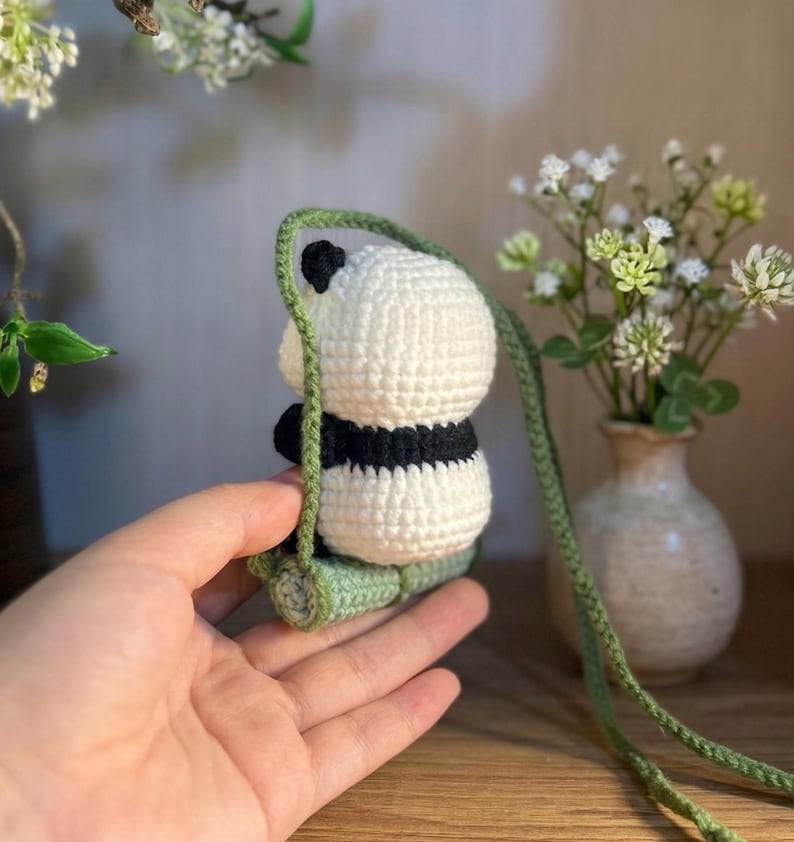 Crochet Panda Car Hanger, Handmade Panda Hanging Car Charm, Rearview Mirror Decor, Gift for Her, New Car Gift