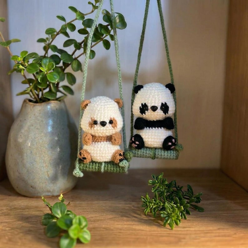 Crochet Panda Car Hanger, Handmade Panda Hanging Car Charm, Rearview Mirror Decor, Gift for Her, New Car Gift
