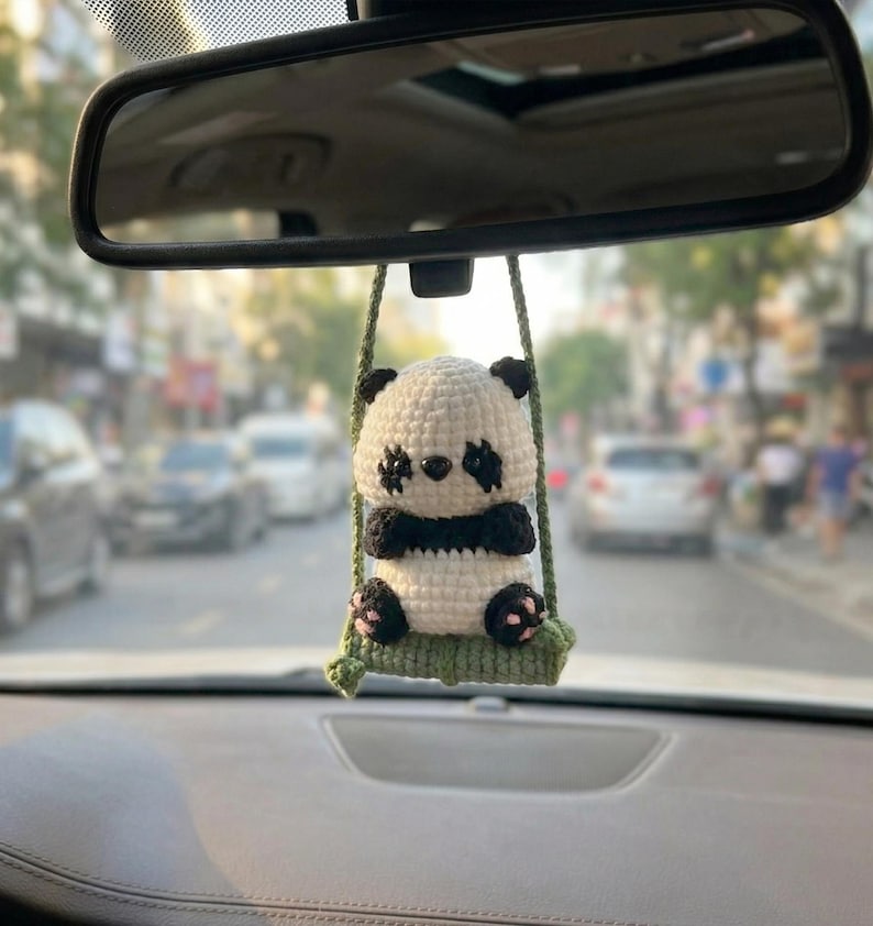 Crochet Panda Car Hanger, Handmade Panda Hanging Car Charm, Rearview Mirror Decor, Gift for Her, New Car Gift