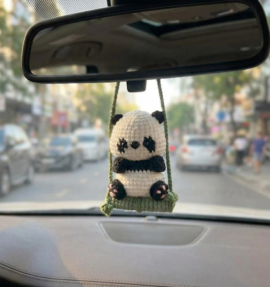 Crochet Panda Car Hanger, Handmade Panda Hanging Car Charm, Rearview Mirror Decor, Gift for Her, New Car Gift