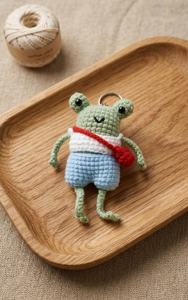 Cute Handmade Crochet Frog Keychain | Kawaii Amigurumi Frog with Tiny Backpack, Froggie Knitted Bag Charm, Frog Lover Gift