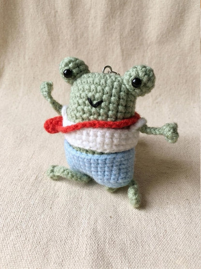 Cute Handmade Crochet Frog Keychain | Kawaii Amigurumi Frog with Tiny Backpack, Froggie Knitted Bag Charm, Frog Lover Gift