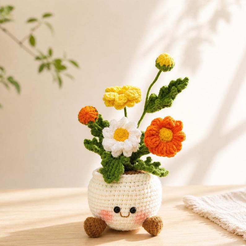 Crochet Flower Pot Amigurumi 25cm – Cute Smiling Plant Decor – Handmade Yarn Flowers – Kawaii Desk Decor – Gift for Her