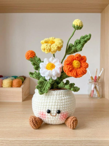 Crochet Flower Pot Amigurumi 25cm – Cute Smiling Plant Decor – Handmade Yarn Flowers – Kawaii Desk Decor – Gift for Her