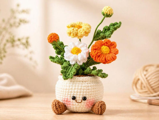 Crochet Flower Pot Amigurumi 25cm – Cute Smiling Plant Decor – Handmade Yarn Flowers – Kawaii Desk Decor – Gift for Her
