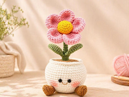 Crochet Flower Pot with Cute Face,Handmade Amigurumi Pink Flower, Desktop Decor,Gift for Her,Aesthetic Room Decor,Small Potted Plant Crochet