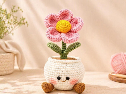 Crochet Flower Pot with Cute Face,Handmade Amigurumi Pink Flower, Desktop Decor,Gift for Her,Aesthetic Room Decor,Small Potted Plant Crochet
