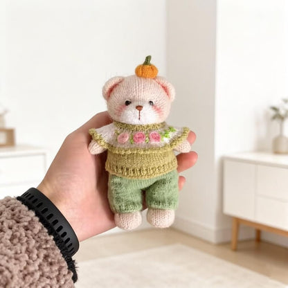 Artisan knit teddy sculpted piece, interior ornamental accent, juvenile companion keepsake, hobbyist collectible figurine Yuletide home trim