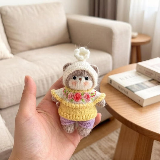 Artisan knit bear sculpted pieces, hanging ornamental charms, tabletop adornments, juvenile gathering souvenirs, Yuletide table accents