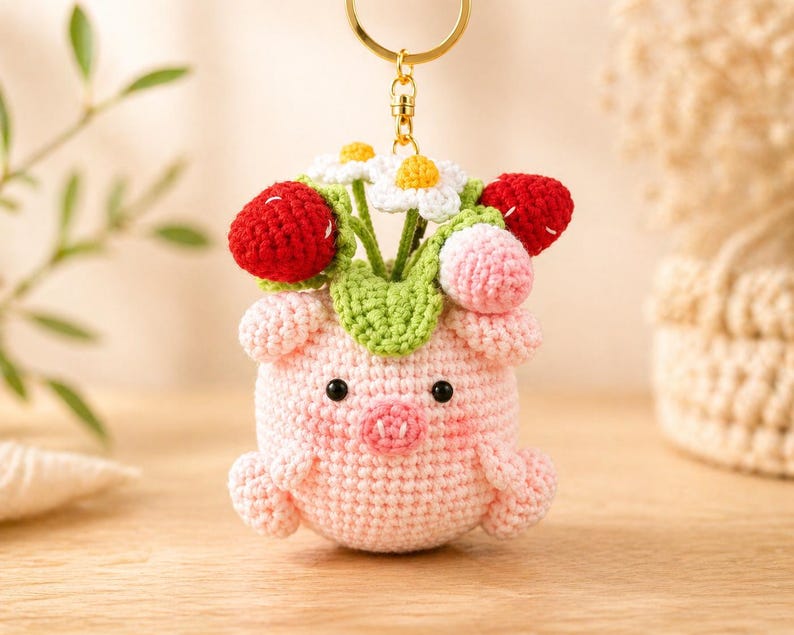Crochet Pig Keychain with Strawberries & Daisies – Handmade Amigurumi Cute Animal Charm, Gift for Her, Kawaii Bag Charm, Mini Plush Keyring