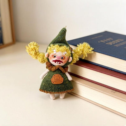 Artisan knit sprite figurines, hobbyist curator treasure, imaginative juvenile token, hanging souvenir, Yuletide display adornment