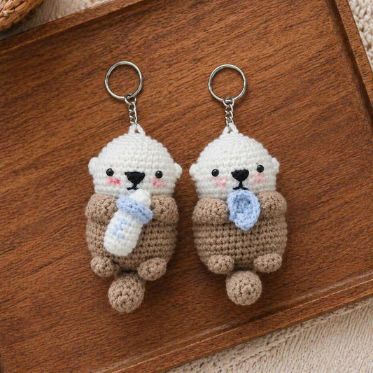 Crochet Sea Otter Plushie with Milk Bottle or Shell – Handmade Amigurumi Otter Keychain, Kawaii Animal Gift for Kids & Otter Lovers