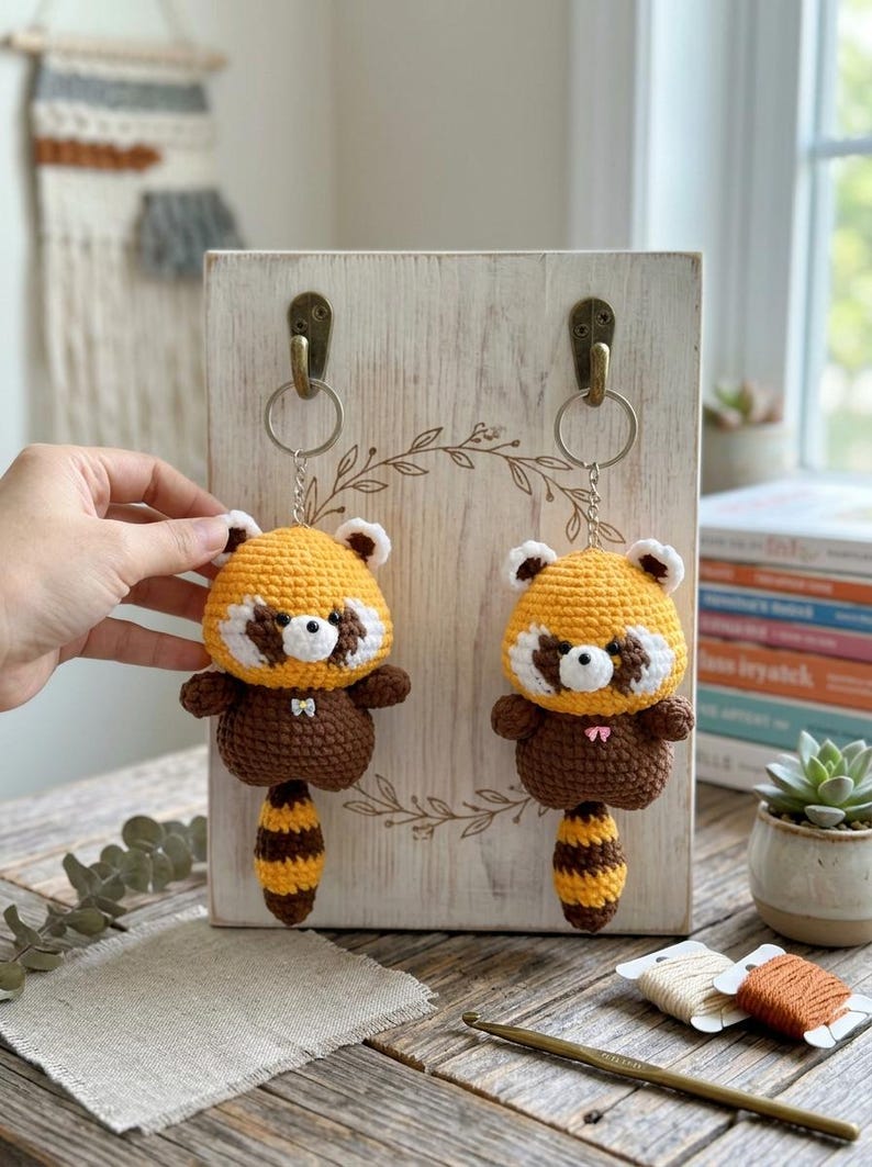 Cute Crochet Raccoon Keychain, Amigurumi Raccoon Charm, Kawaii Red Panda Bag Charm, Handmade Animal Keyring, Cute Gift Idea