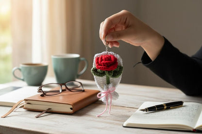 Handmade Crochet Rose Bouquet Keychain, Mini Knitted Red Rose Flower Gift for Her, Small Rose Charm, Mothers Day Gift, Cute Accessories