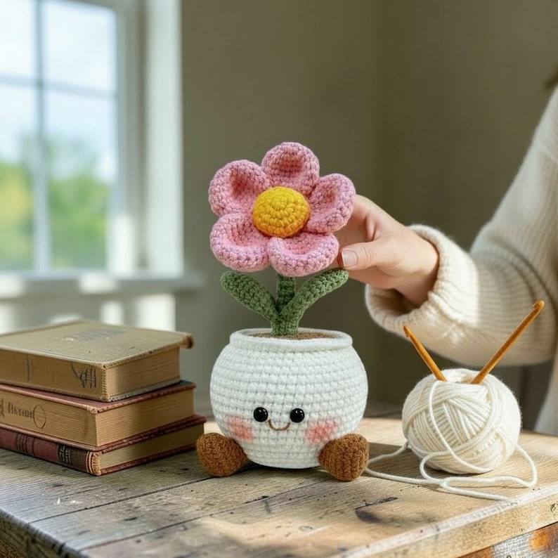 Crochet Flower Pot with Cute Face,Handmade Amigurumi Pink Flower, Desktop Decor,Gift for Her,Aesthetic Room Decor,Small Potted Plant Crochet
