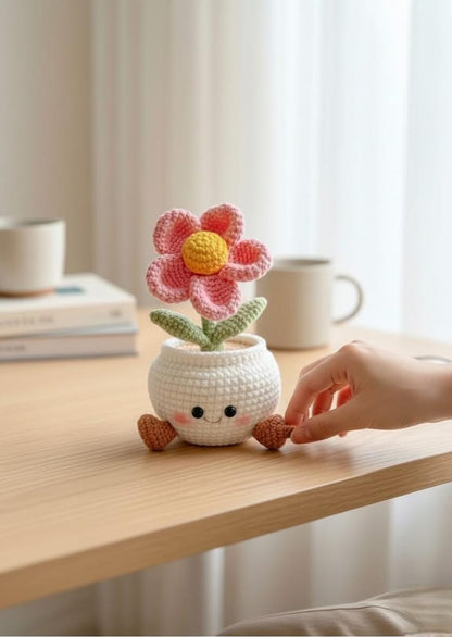 Crochet Flower Pot with Cute Face,Handmade Amigurumi Pink Flower, Desktop Decor,Gift for Her,Aesthetic Room Decor,Small Potted Plant Crochet