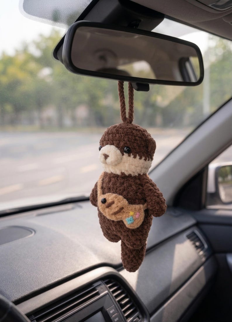 Cute Crochet Otter Car Hanging - Otter Amigurumi Mirror Charm, New Driver Gift, Handmade Car Mirror Ornament