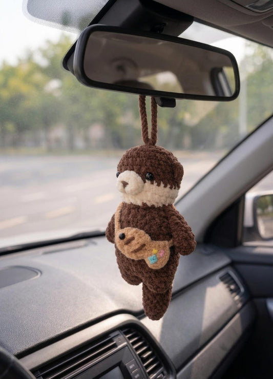 Cute Crochet Otter Car Hanging - Otter Amigurumi Mirror Charm, New Driver Gift, Handmade Car Mirror Ornament