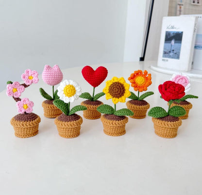 Mini Crochet Flower Pot, Handmade Crochet Plant, Cute Desk Decor, Daisy Rose Tulip Sunflower Cherry Blossom, Mother's Day Gift for Her