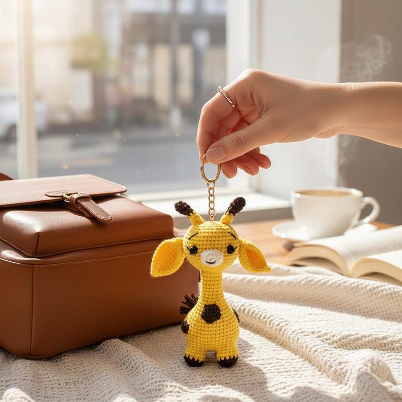 Handmade Crochet Giraffe Keychain, Cute Amigurumi Bag Charm, Yellow Spotted Animal Plushie, Unique Birthday Gift for Kids, Stocking Stuffer