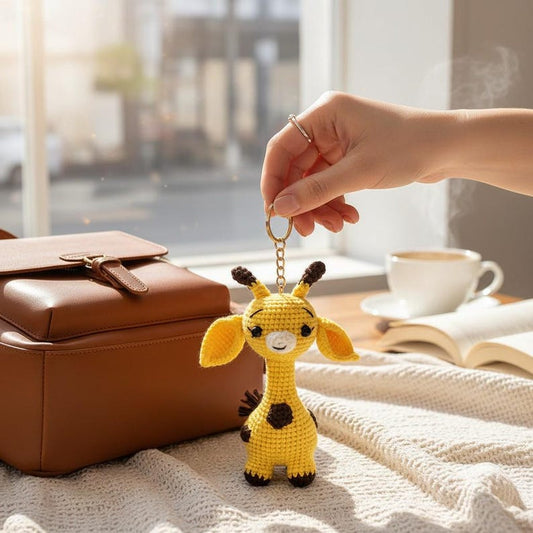 Handmade Crochet Giraffe Keychain, Cute Amigurumi Bag Charm, Yellow Spotted Animal Plushie, Unique Birthday Gift for Kids, Stocking Stuffer