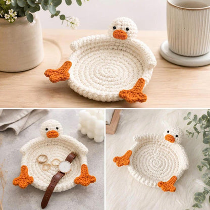Handmade Crochet Duck Coaster & Trinket Tray – Cute Amigurumi Duck Dish for Coffee, Tea Cup, Desk Organizer, Gift Idea