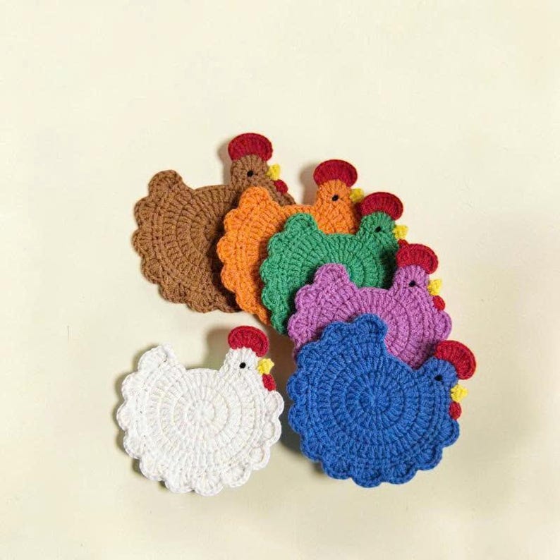 Add a cozy farmhouse charm to your home with these handmade crochet chicken coasters