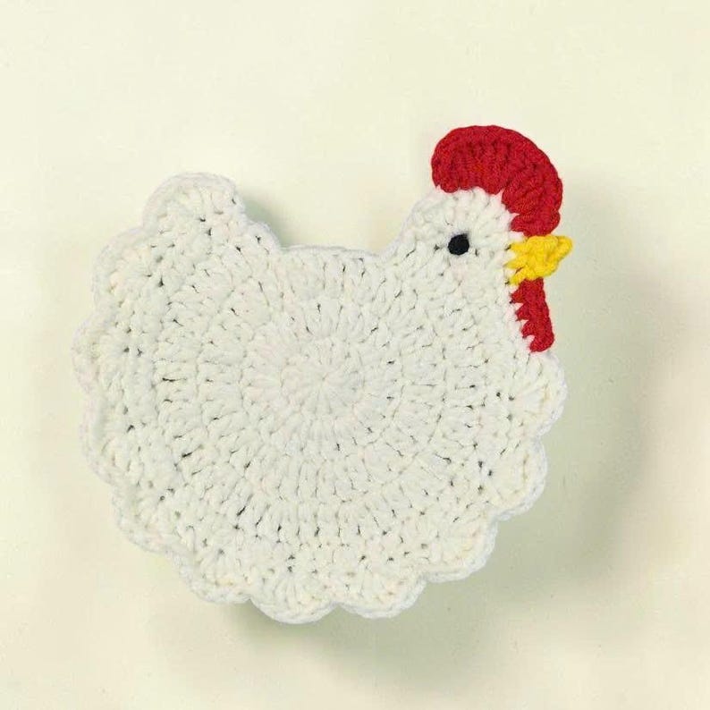 Add a cozy farmhouse charm to your home with these handmade crochet chicken coasters
