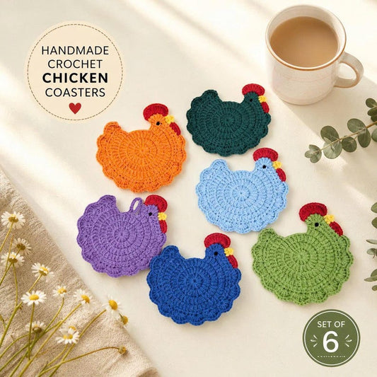 Add a cozy farmhouse charm to your home with these handmade crochet chicken coasters