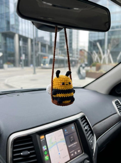 Cute Swinging Bee Car Mirror Hanging Accessories, Crochet Bee Ornaments, Car Decorations, Car Charm, New Car Gift Idea, Gift For Him Her
