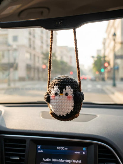 Cute Swinging Penguin Car Mirror Hanging Accessories, Crochet Penguin Ornaments, Gift For Her, Car Decorations, Car Charm, New Car Gift Idea