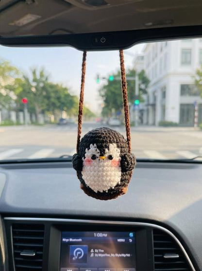 Cute Swinging Penguin Car Mirror Hanging Accessories, Crochet Penguin Ornaments, Gift For Her, Car Decorations, Car Charm, New Car Gift Idea