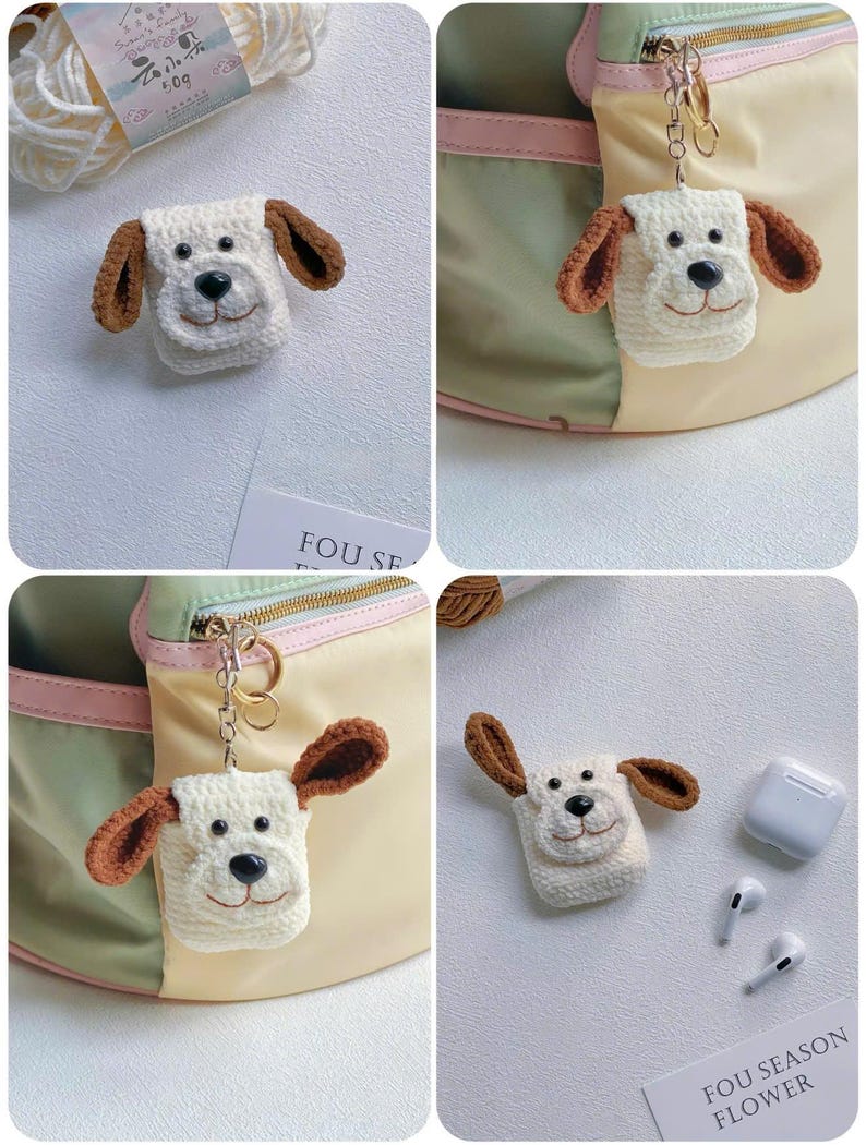 Cute Crochet Dog AirPods Case, Puppy Airpod Cover, Amigurumi Dog Keychain, Kawaii Dog Bag Charm, Handmade Earbuds Case