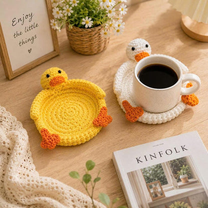 Handmade Crochet Duck Coaster & Trinket Tray – Cute Amigurumi Duck Dish for Coffee, Tea Cup, Desk Organizer, Gift Idea