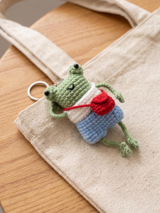 Cute Handmade Crochet Frog Keychain | Kawaii Amigurumi Frog with Tiny Backpack, Froggie Knitted Bag Charm, Frog Lover Gift