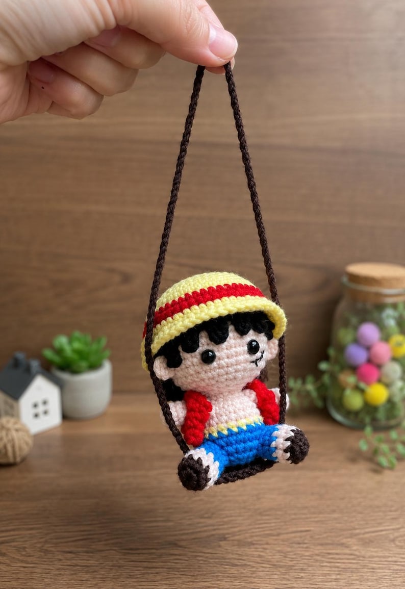 Crochet Straw Hat Pirate Car Hanging | Handmade Anime Pirate Amigurumi Rearview Mirror Charm, Straw Hat Swing Decor, Pirate Anime Gift