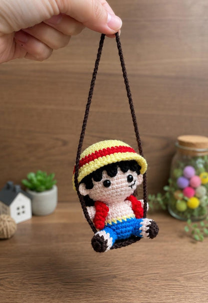 Crochet Straw Hat Pirate Keychain with Stretchy Arms | Handmade Amigurumi Bag Charm, Anime Fan Gift, Pirate Boy