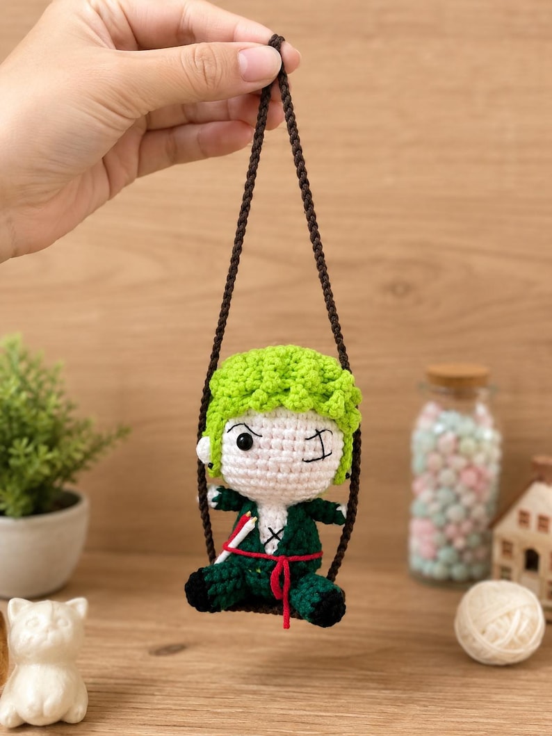 Crochet Green Swordsman Car Hanging | Handmade Anime Pirate Crew Amigurumi, Rearview Mirror Charm